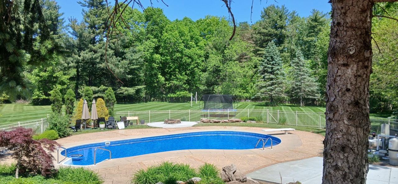 Striped backyard lawn surrounding an in-ground pool and paver patio, framed by mature trees