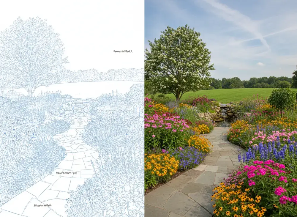 Landscape design plan and finished installation comparison