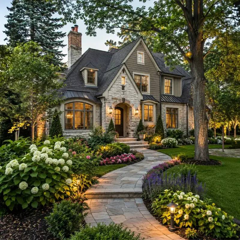 Residential landscape lighting along a stone walkway